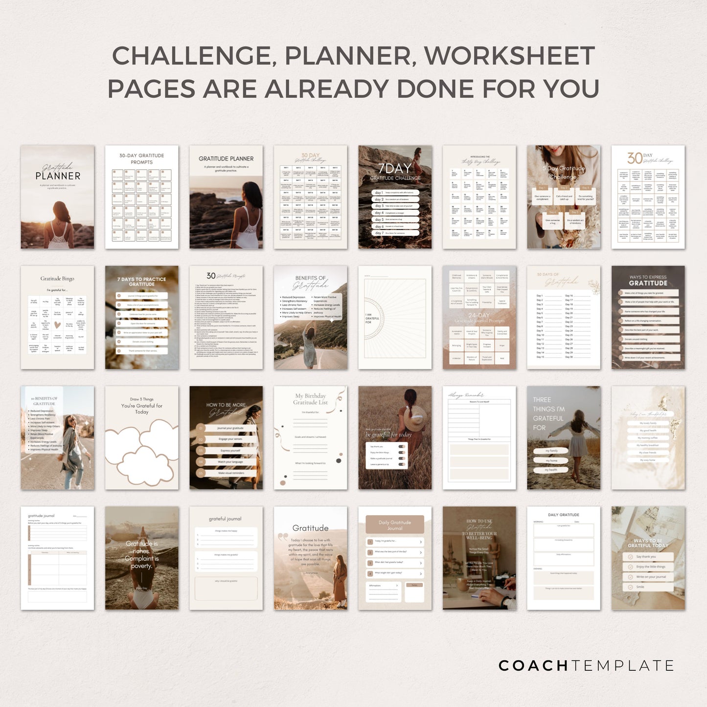 Gratitude Challenge Planner Workbook Journal Editable Canva Template | Life Wellness Spiritual Coach Business Content Creator Commercial Use 

CT046 CoachTemplate.com