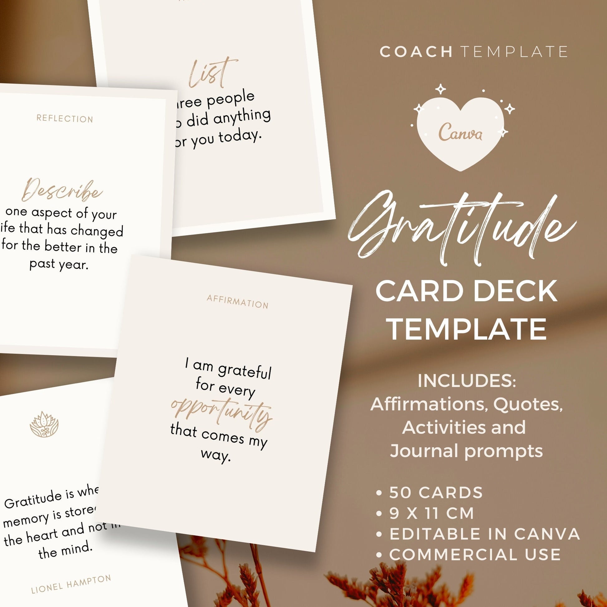 Gratitude Card Deck Canva Template | Gratefulness Affirmation Quote Activity Journal Prompt | Spiritual Life Wellness Coach | Commercial Use