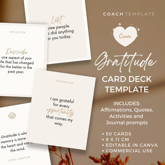 Gratitude Card Deck Canva Template | Gratefulness Affirmation Quote Activity Journal Prompt | Spiritual Life Wellness Coach | Commercial Use