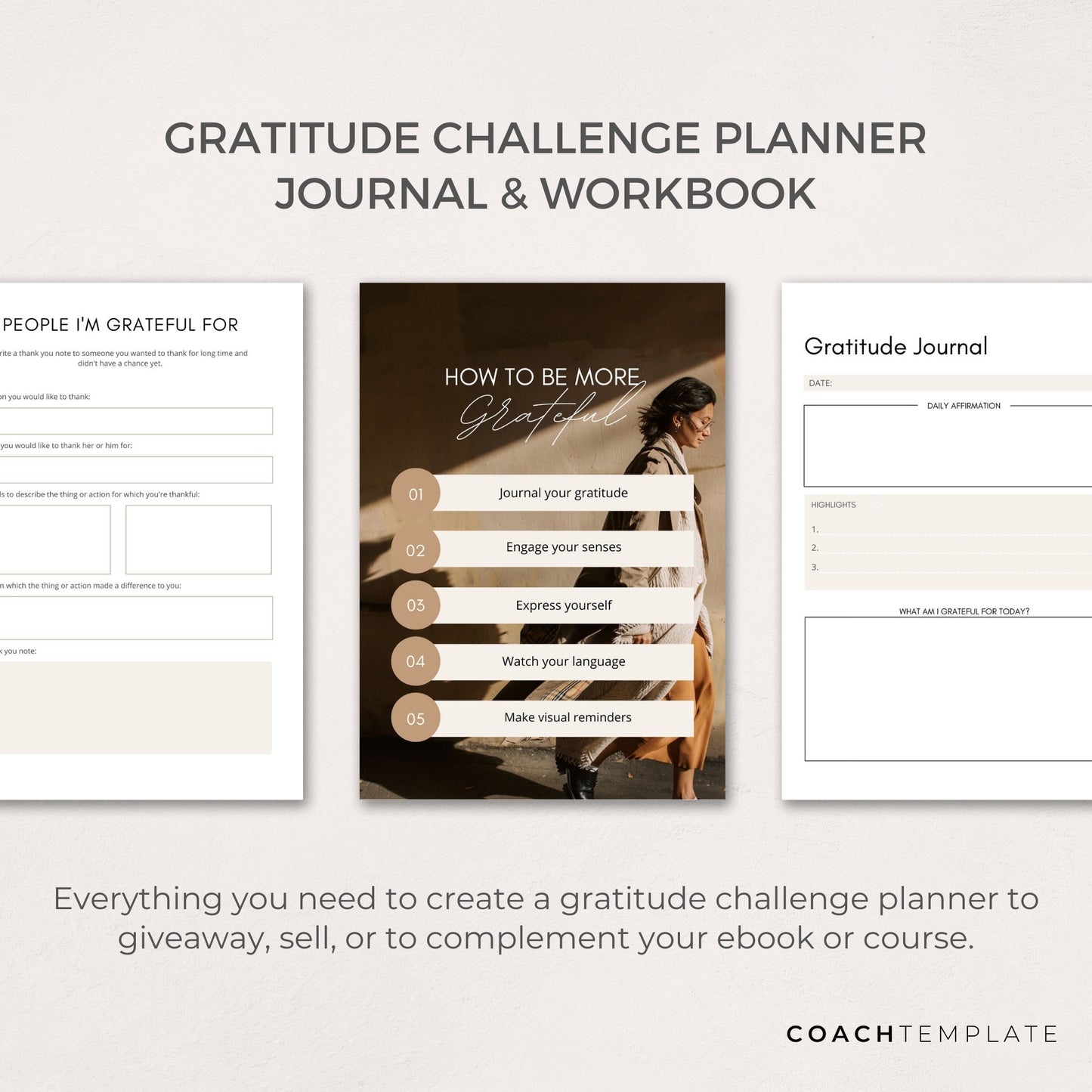 Gratitude Challenge Planner Workbook Journal Editable Canva Template | Life Wellness Spiritual Coach Business Content Creator Commercial Use 

CT046 CoachTemplate.com