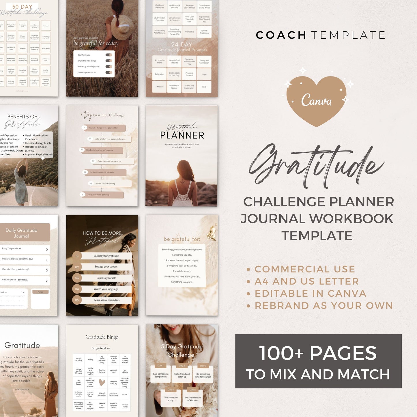 Gratitude Challenge Planner Workbook Journal Editable Canva Template | Life Wellness Spiritual Coach Business Content Creator Commercial Use 

CT046 CoachTemplate.com