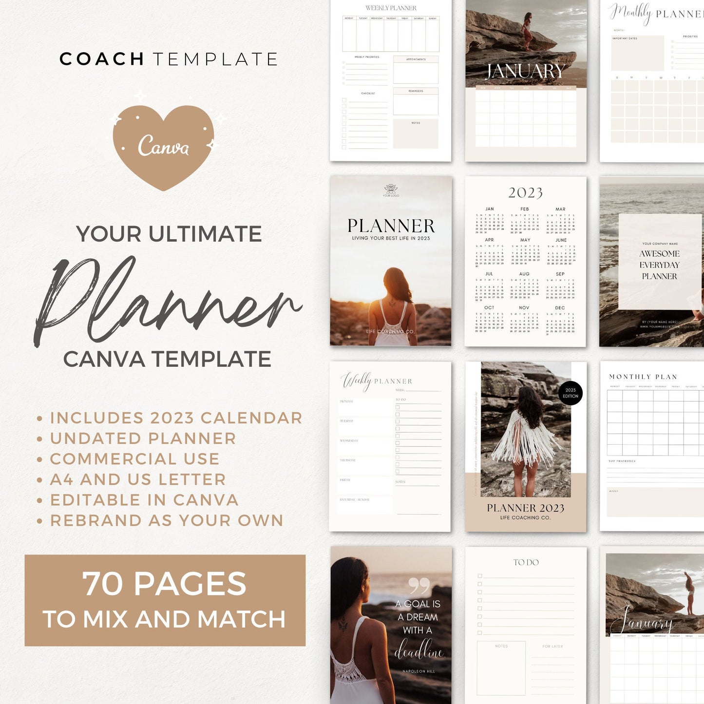 Editable 2023 Calendar Planner Canva Template | Undated Monthly Weekly Daily Planner | Life Coach Business Content Creator Commercial Use

Includes goal productivity habit mood trackers and more. 

CT055 CoachTemplate.com