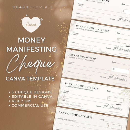Editable Money Manifesting Cheque, Financial Abundance Manifestation Check Canva Template, Mindset Life Coach Small Business, Commercial Use