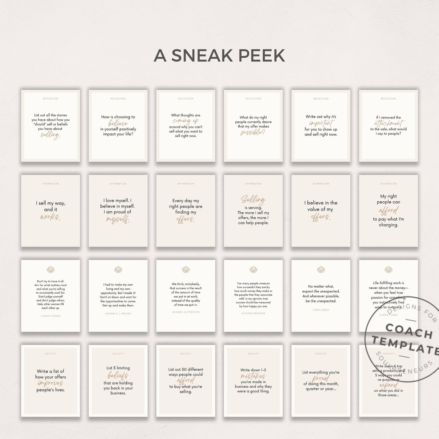 Card Deck Template for Coaching Business | Canva Template with Affirmations Motivational Quotes Activities Journal Prompts | Commercial Use 50 Card deck template for coaches and business owners. By CoachTemplate.com CT059