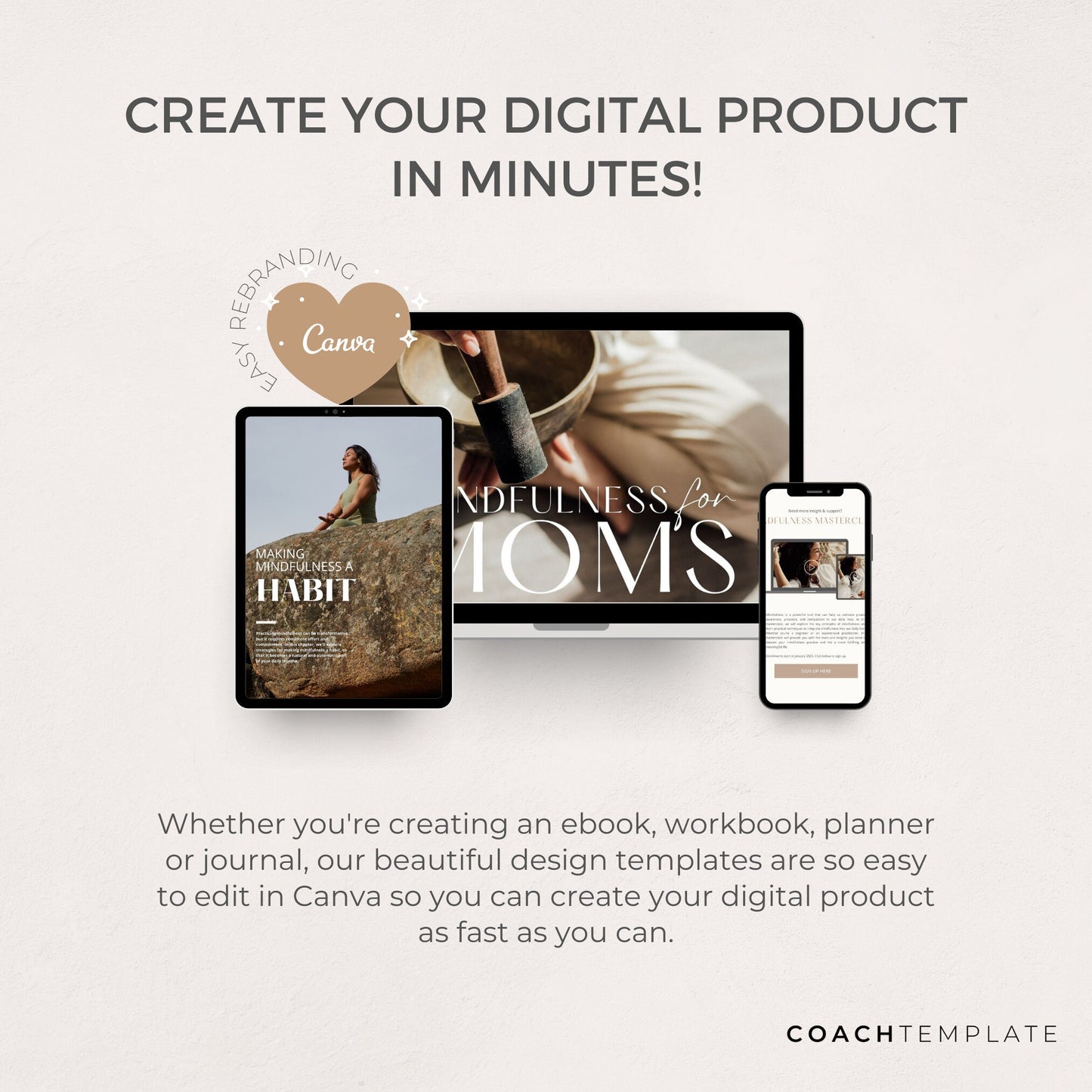 Mindfulness for Moms Editable Ebook Template Canva, Mindfulness Coaching and Online Business, Mental Health and Wellness template, Workbook Lead Magnet Template, Done for You Template, Commercial Use CoachTemplate.com CT062