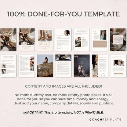 Mindfulness for Moms Editable Ebook Template Canva, Mindfulness Coaching and Online Business, Mental Health and Wellness template, Workbook Lead Magnet Template, Done for You Template, Commercial Use CoachTemplate.com CT062